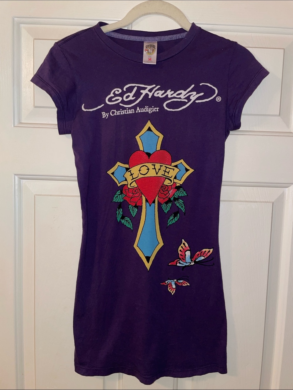 Vintage USA Ed Hardy Purple Graphic Tee Dress with Red Heart and Blue Cross Med.